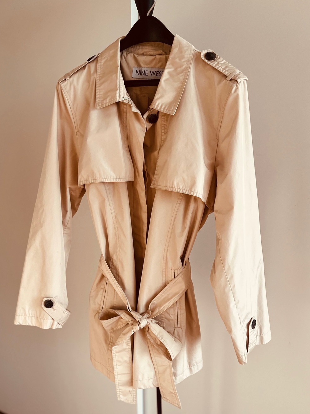 Nine West Trench Rain Coat Belted Pockets Lined Beige / Ivory Sz XL 32" Long